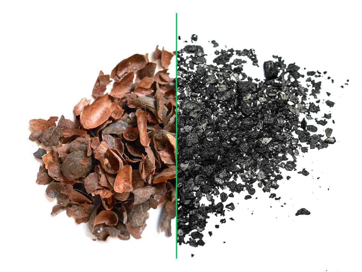 On the left is feedstock before pyrolysis. On the right is biochar.