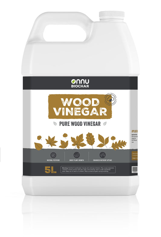 A view of the front of our pure wood vinegar 5L bottle.