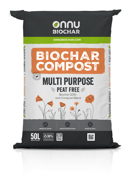 A view of the front of our multi-purpose biochar compost 50L bags.