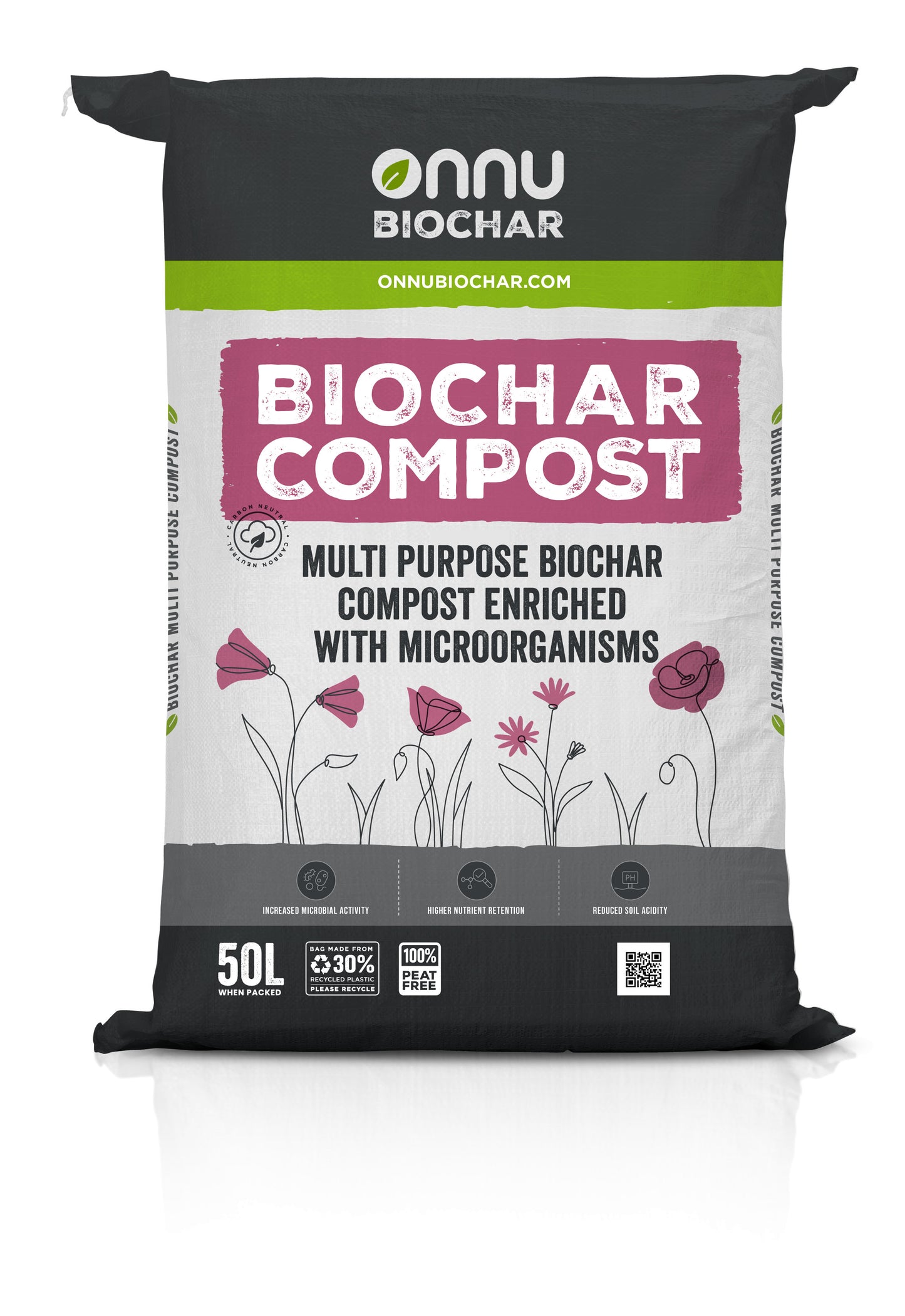 A view of the front of our multi-purpose biochar compost enriched with micro-organisms 50L bags.