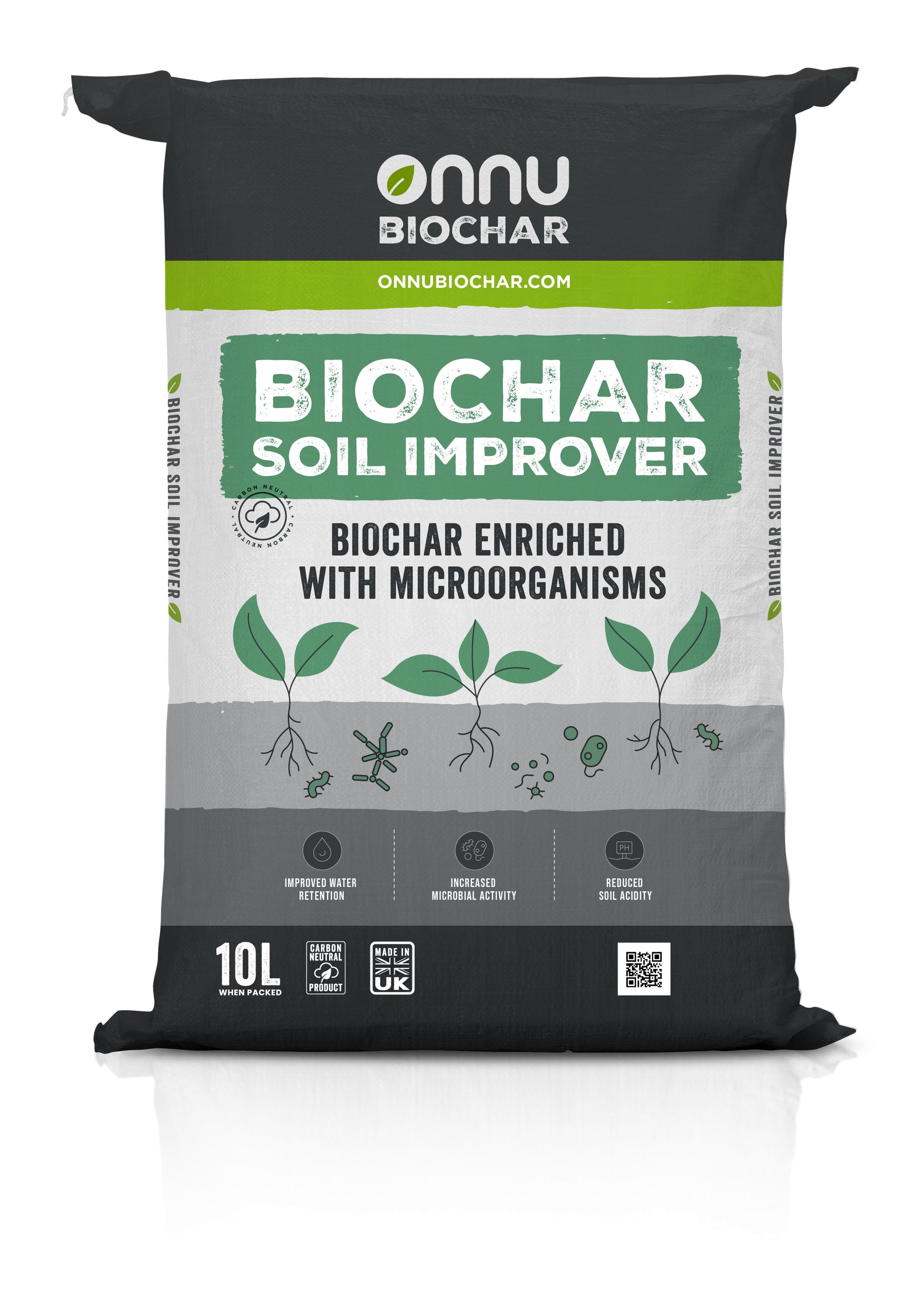 A view of the front of our biochar soil improver, enriched with micro-organisms 10L bags.